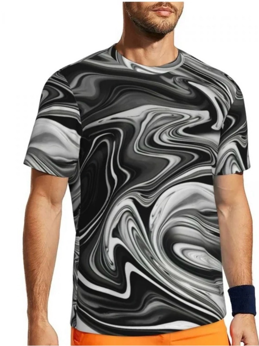 sheer mesh t-shirt features a distinctive black and liquid marble or abst